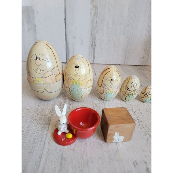 Easter bunny Russian stacking egg wooden vintage figure decor - Picture 10 of 14